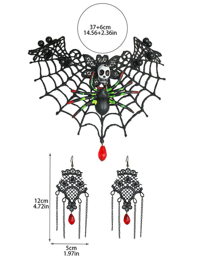 Halloween Skull Spider Lace Necklace & Earring Set