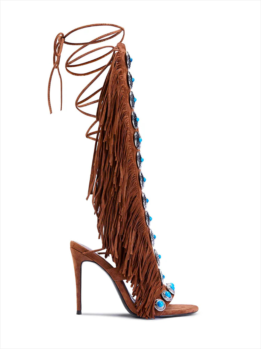 Boho Gemstone Lace-Up Fringe Heeled Sandals