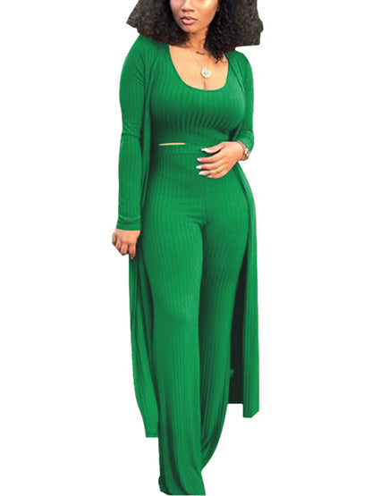 Three Pieces Set Crop Top Long Kimono Cardigan Pants