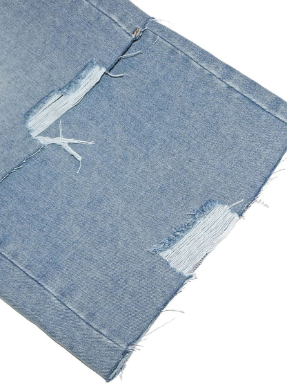 Asymmetrical Distressed Denim Capri Pants