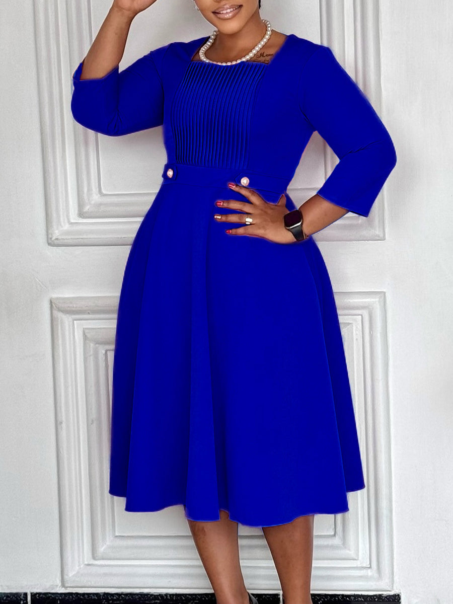 Plus Size Square Neck Pleated Dress