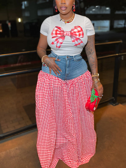 Bow Tie Print Top Denim Plaid Wide-Leg Pants Sets