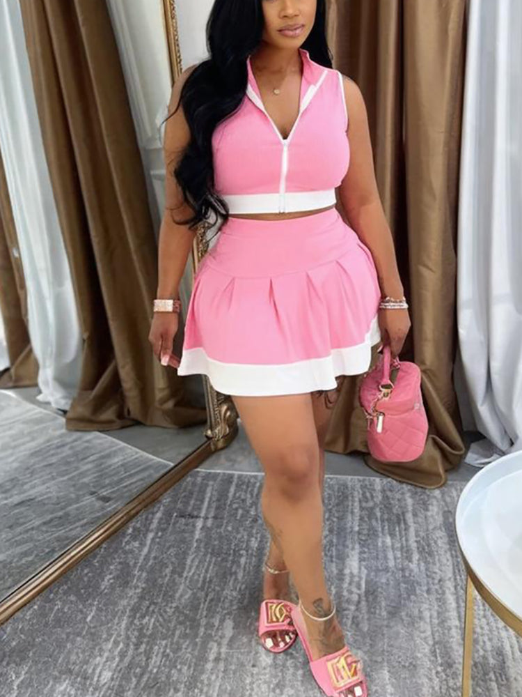 Sleeveless Zip-Up Crop Top Pleated Skirt Set