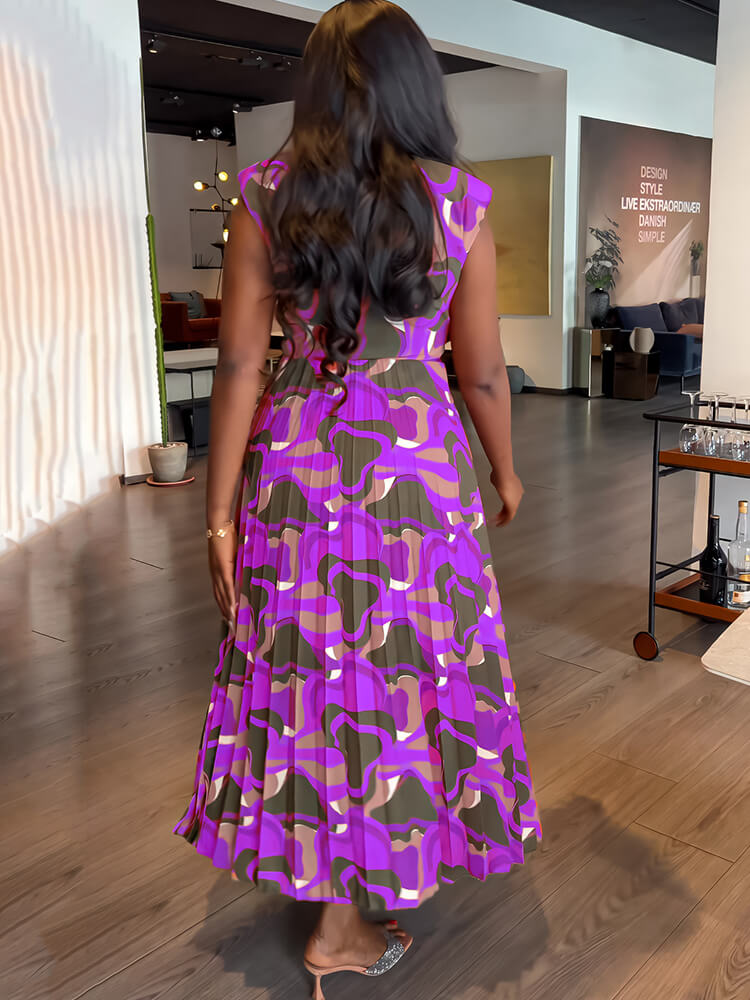 Sleeveless Printed Pleated Bodycon Maxi Dress
