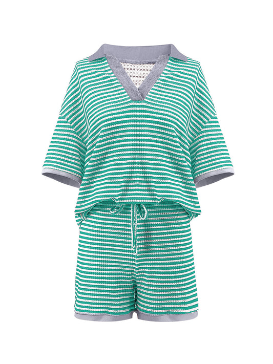 Striped Knit Top High Waist Shorts Set