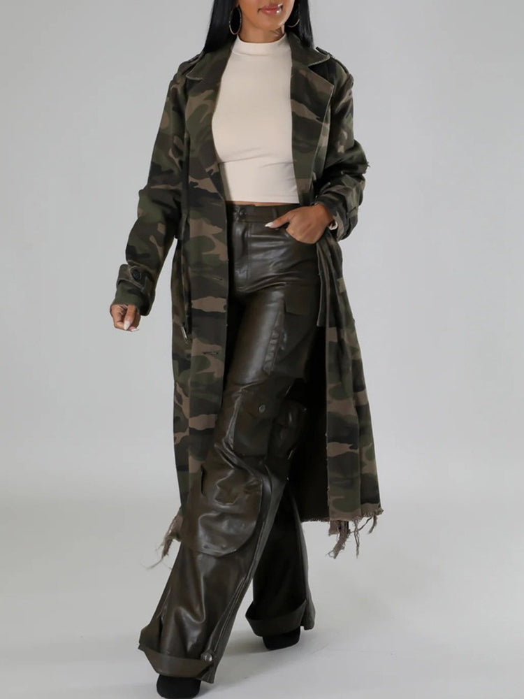 Distressed Camouflage Long Trench Coat