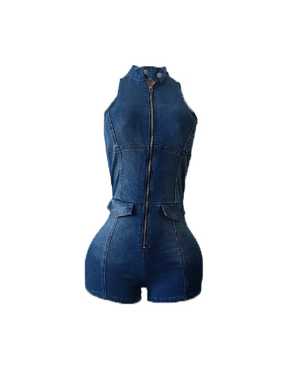Sleeveless Zip Front Cutout Denim Romper