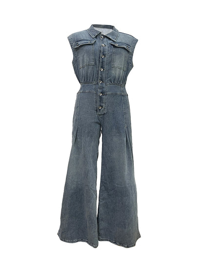 Sleeveless Button Denim Wide Leg Jumpsuit