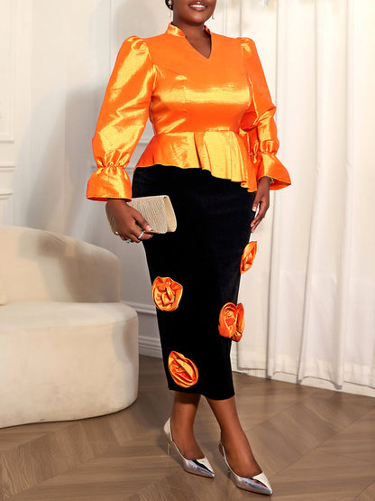 Plus Size Puff Sleeve Floral Skirt Set