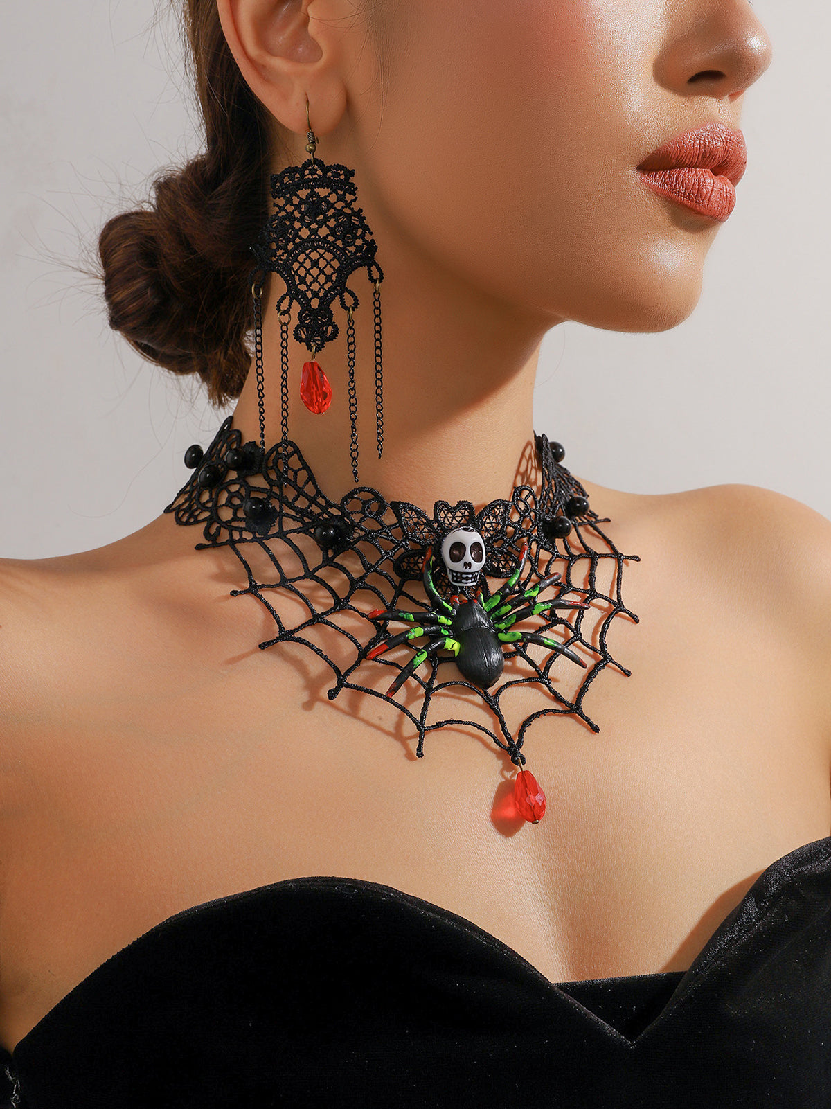 Halloween Skull Spider Lace Necklace & Earring Set