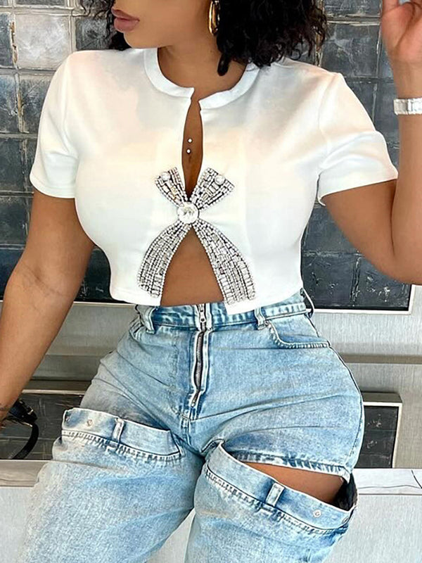 Rhinestone Split Hem Crop Top