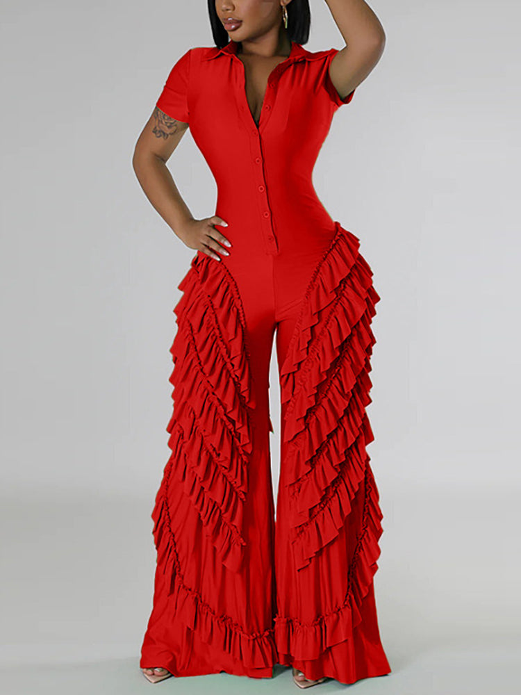 Two Pieces Short Sleeve Ruffle Trim Jumpsuit