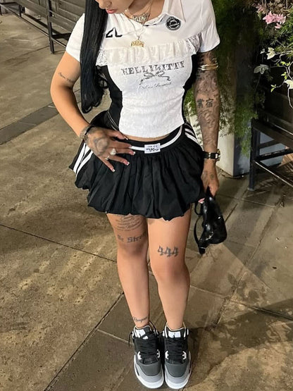 Lace Trim Letter Print Top Pleated Skirt Set