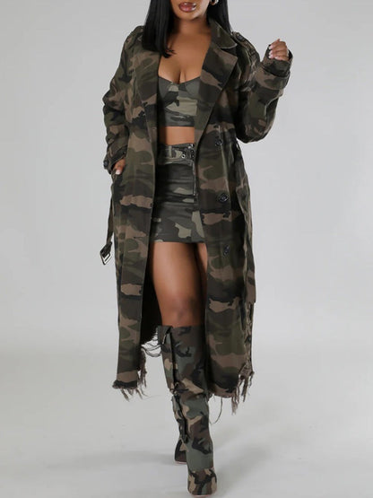 Distressed Camouflage Long Trench Coat