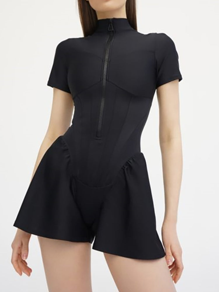 Short Sleeve Zip Front Rompers