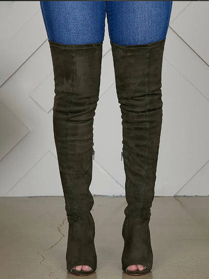 Open-Toe Side Zipper Suede Knee-High Boots