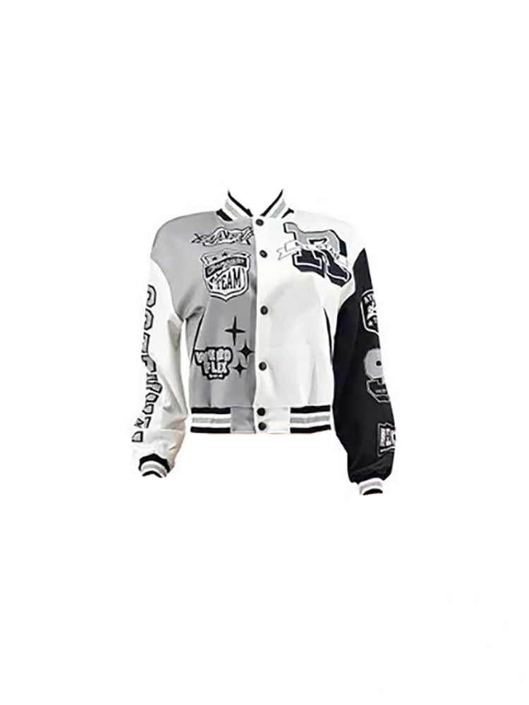 Colorblock Letter Print Baseball Jacket