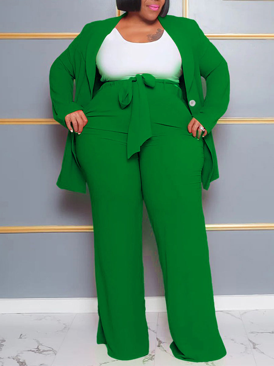 Plus Size Belted Blazer Pants Set