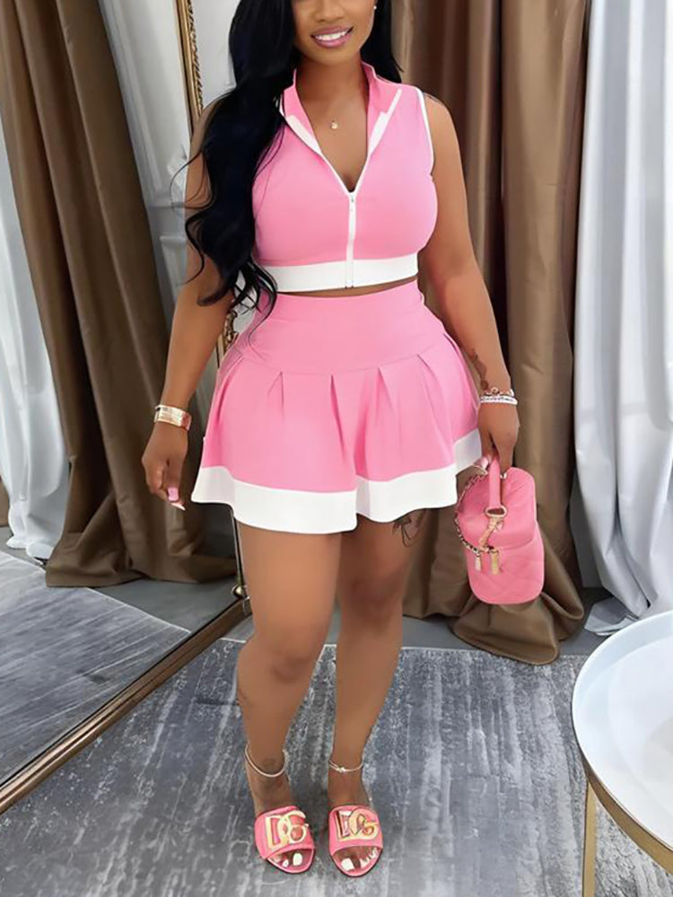 Sleeveless Zip-Up Crop Top Pleated Skirt Set