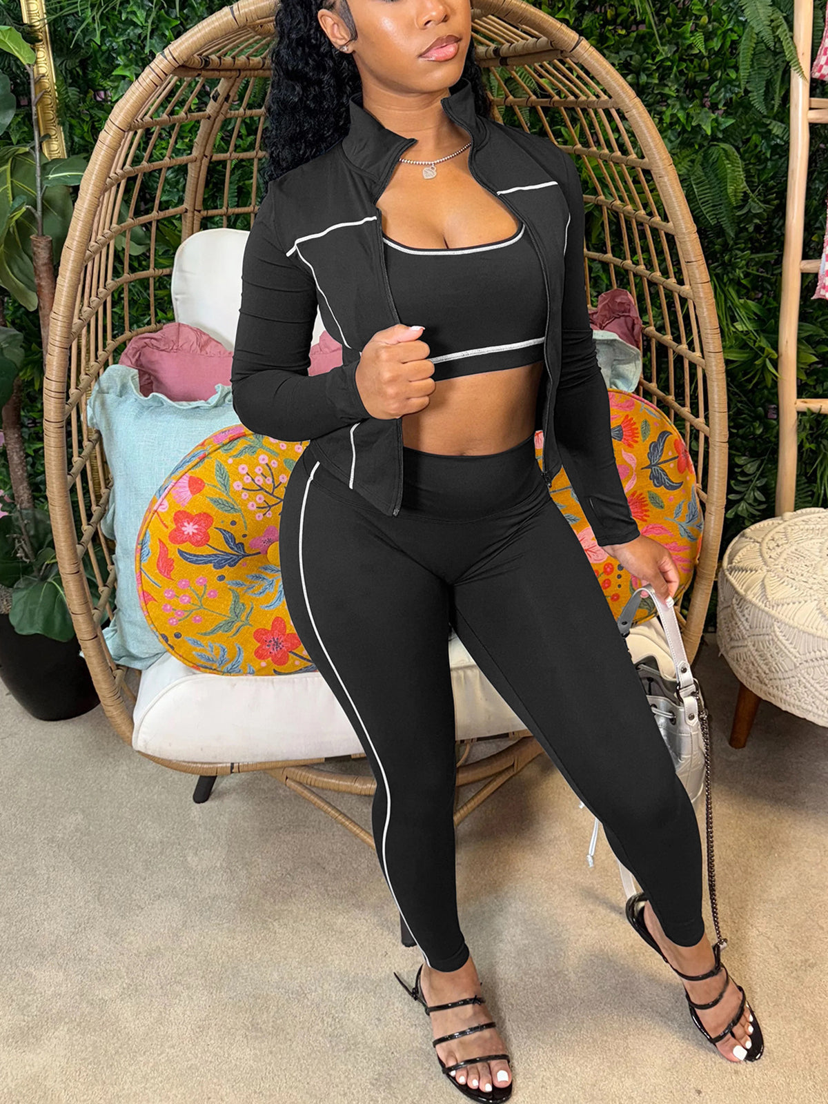 Three Pieces Crop Tank Jacket Leggings Sets