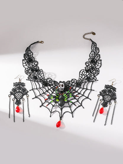Halloween Skull Spider Lace Necklace & Earring Set