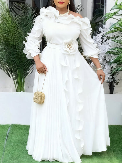 Ruffled Off-Shoulder Pleated Maxi Dress