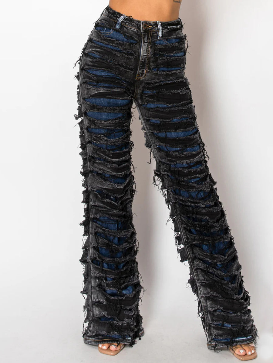High Waist Distressed Layered Denim Pants