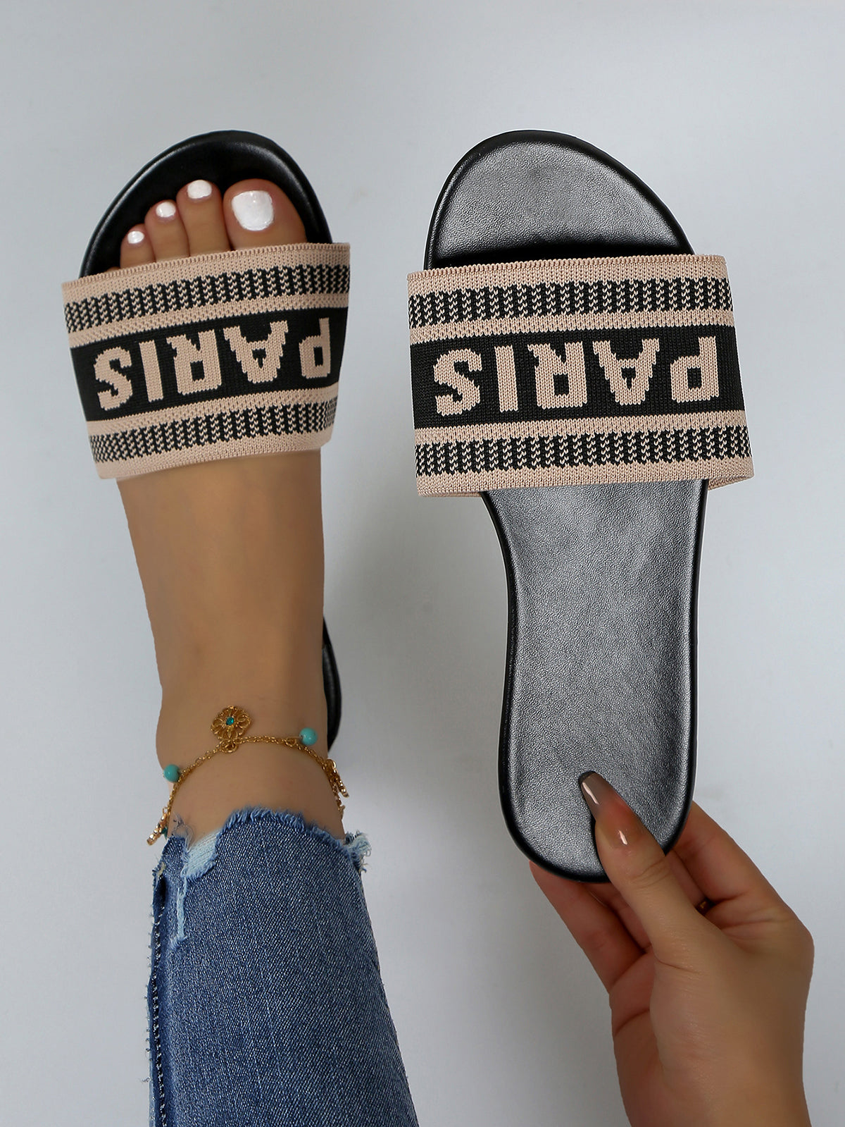 Paris Letter Knit Band Slide Sandals