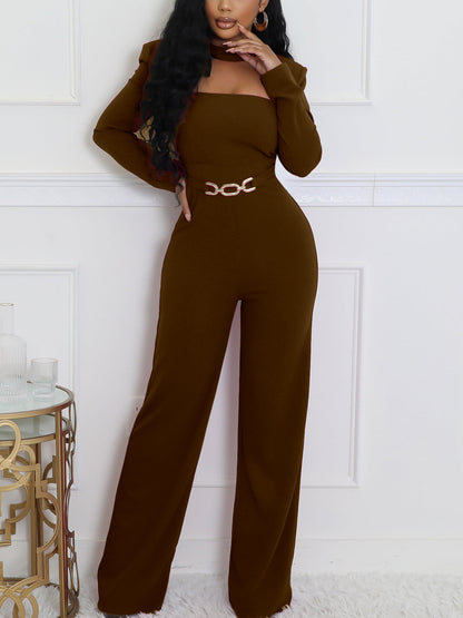 Long Sleeve Choker Waist Chain Jumpsuit