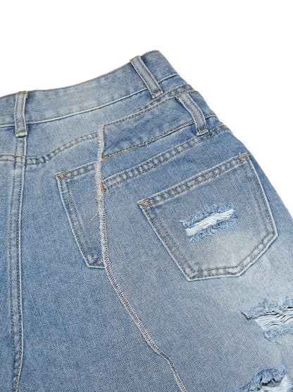 Asymmetrical Distressed Denim Capri Pants