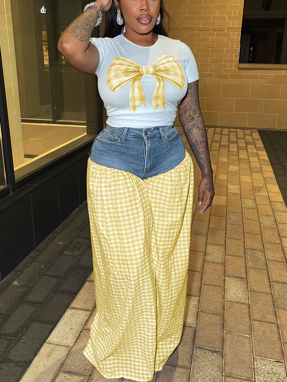 Bow Tie Print Top Denim Plaid Wide-Leg Pants Sets
