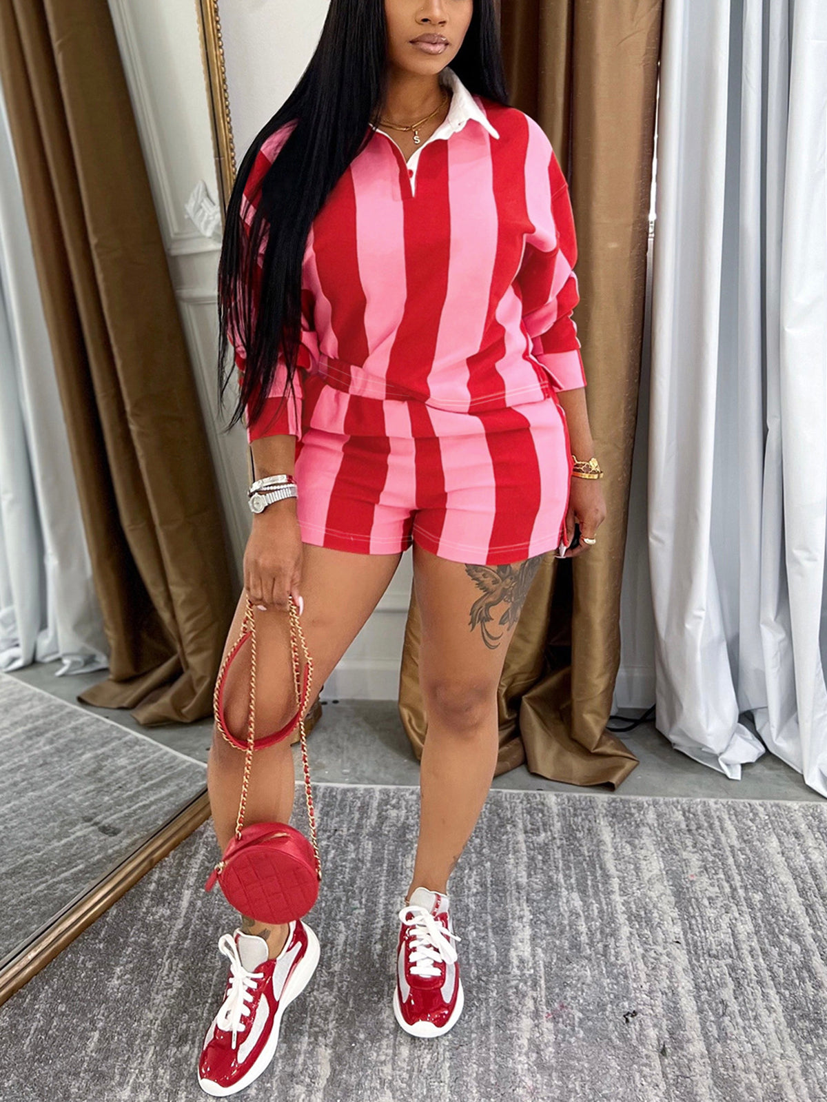 Striped Polo Crop Top Shorts Set