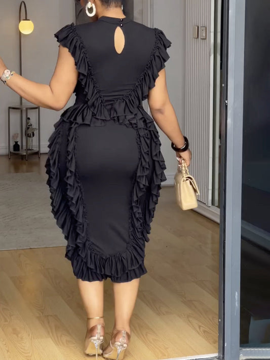 Ruffle Solid Color Midi Dress