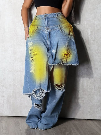 Distressed Gradient Patchwork Wide Leg Jeans