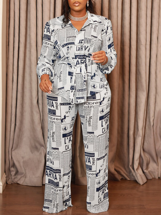 Newspaper Print Blazer Belted Pants Set