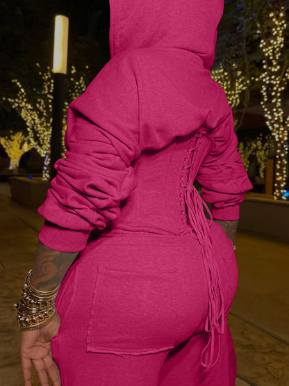 Zip-Up Hoodie Corset Waist Pants Set