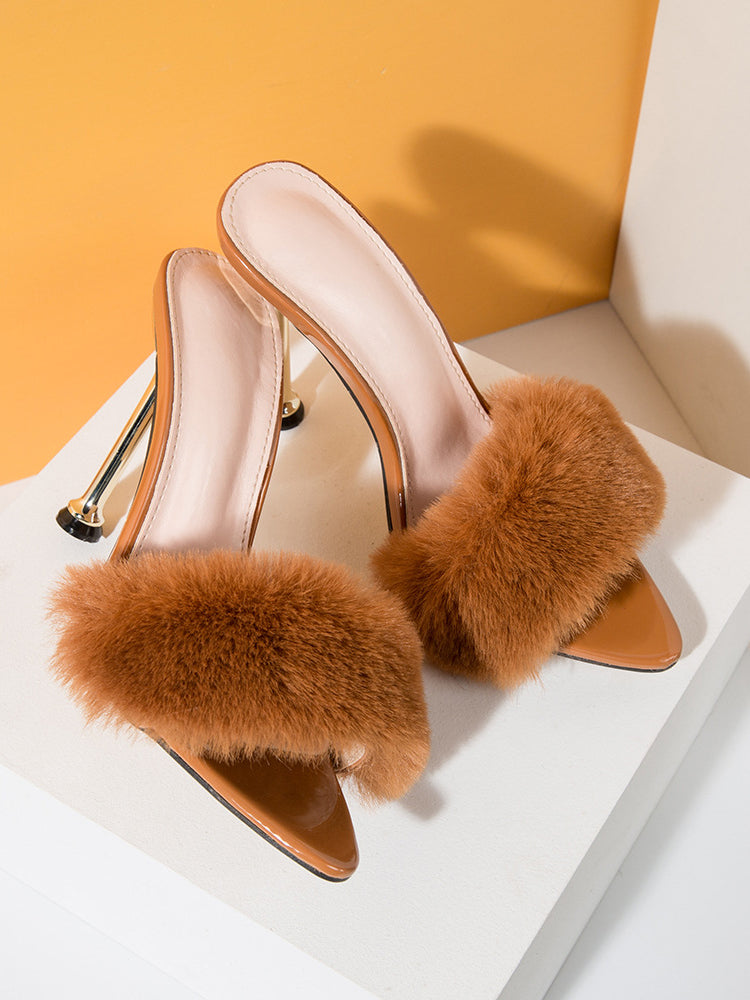 Faux Rabbit Fur Stiletto High Heel Sandals