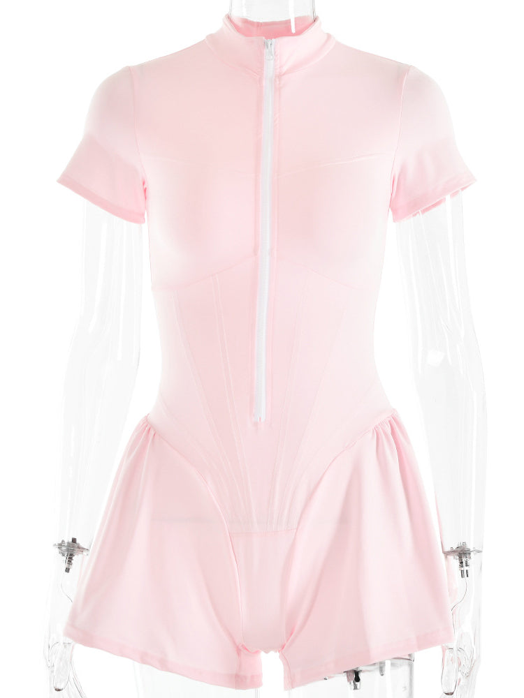 Short Sleeve Zip Front Rompers