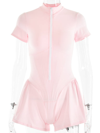 Short Sleeve Zip Front Rompers