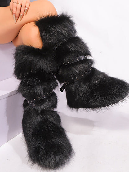 Y2K Faux Fur Cross Strap Buckle Boots