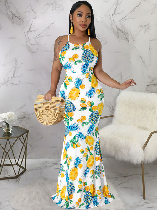 Strappy Back U-Neck Floral Print Fishtail Maxi Dress