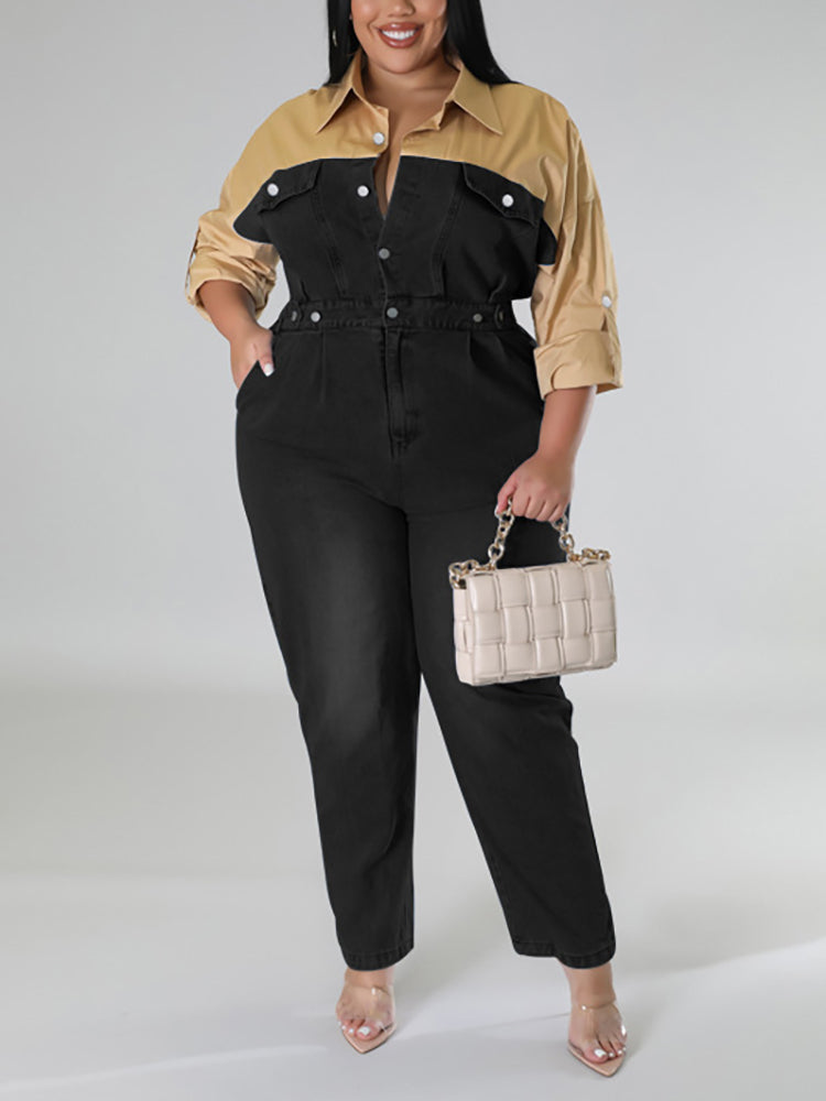Plus Size Color Block Denim Jumpsuit