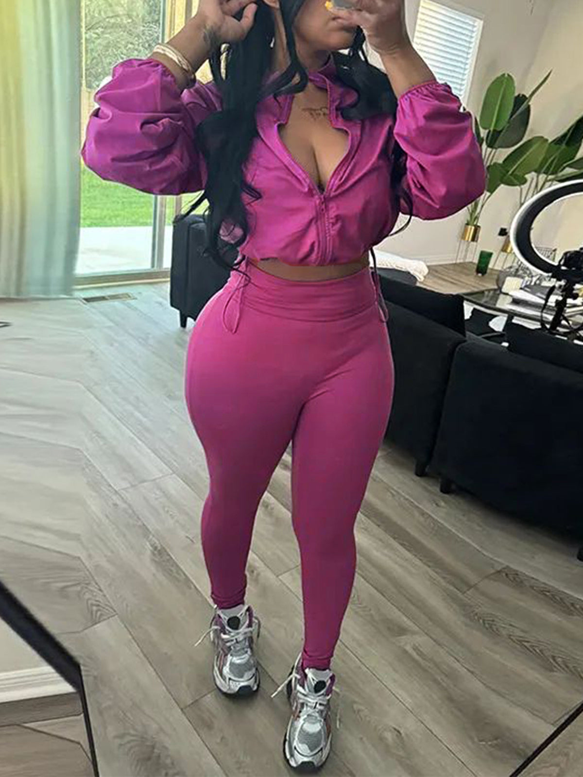 2 Piece Zip Up Crop Jacket  Pants Sets