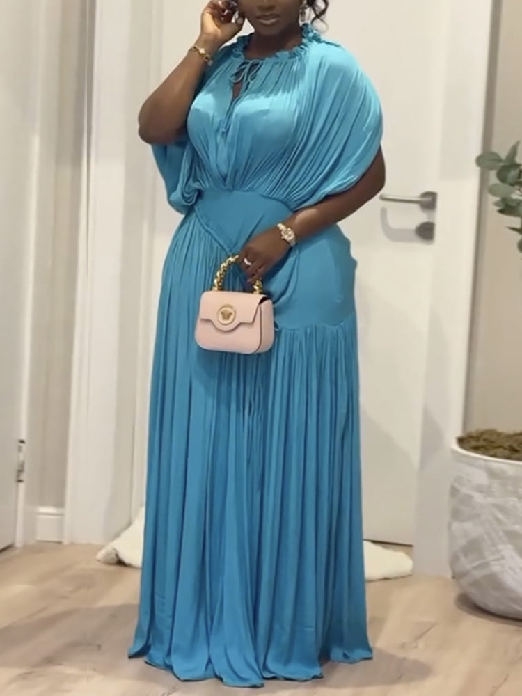 Elegant Pleated Drawstring Waist Maxi Dress