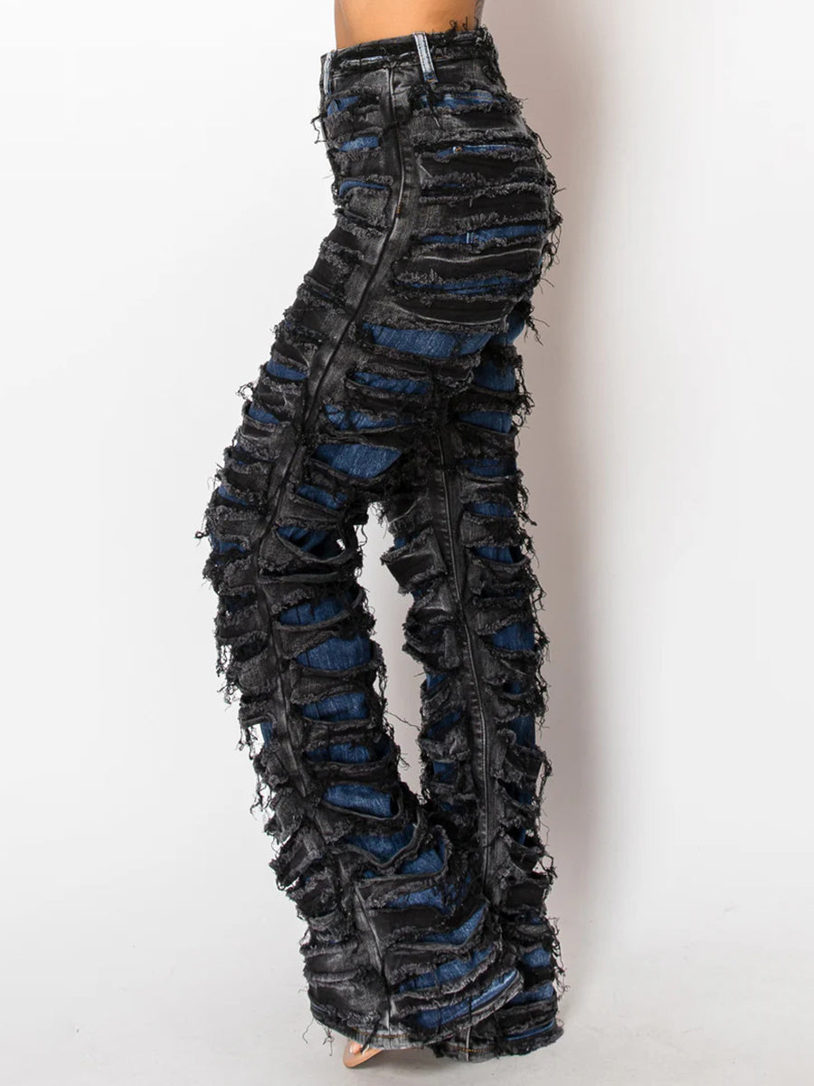 High Waist Distressed Layered Denim Pants