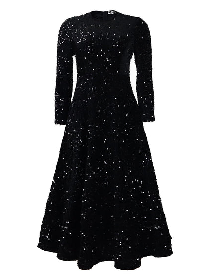 Long Sleeve Solid Color Sequin Dress