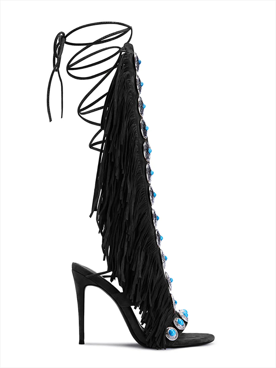 Boho Gemstone Lace-Up Fringe Heeled Sandals