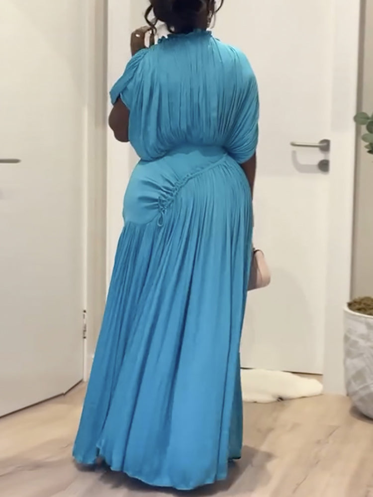 Elegant Pleated Drawstring Waist Maxi Dress