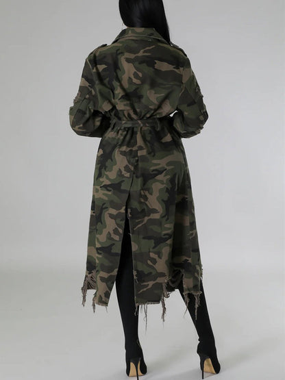 Distressed Camouflage Long Trench Coat