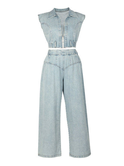 Two Pieces Sleeveless Denim Pants Set